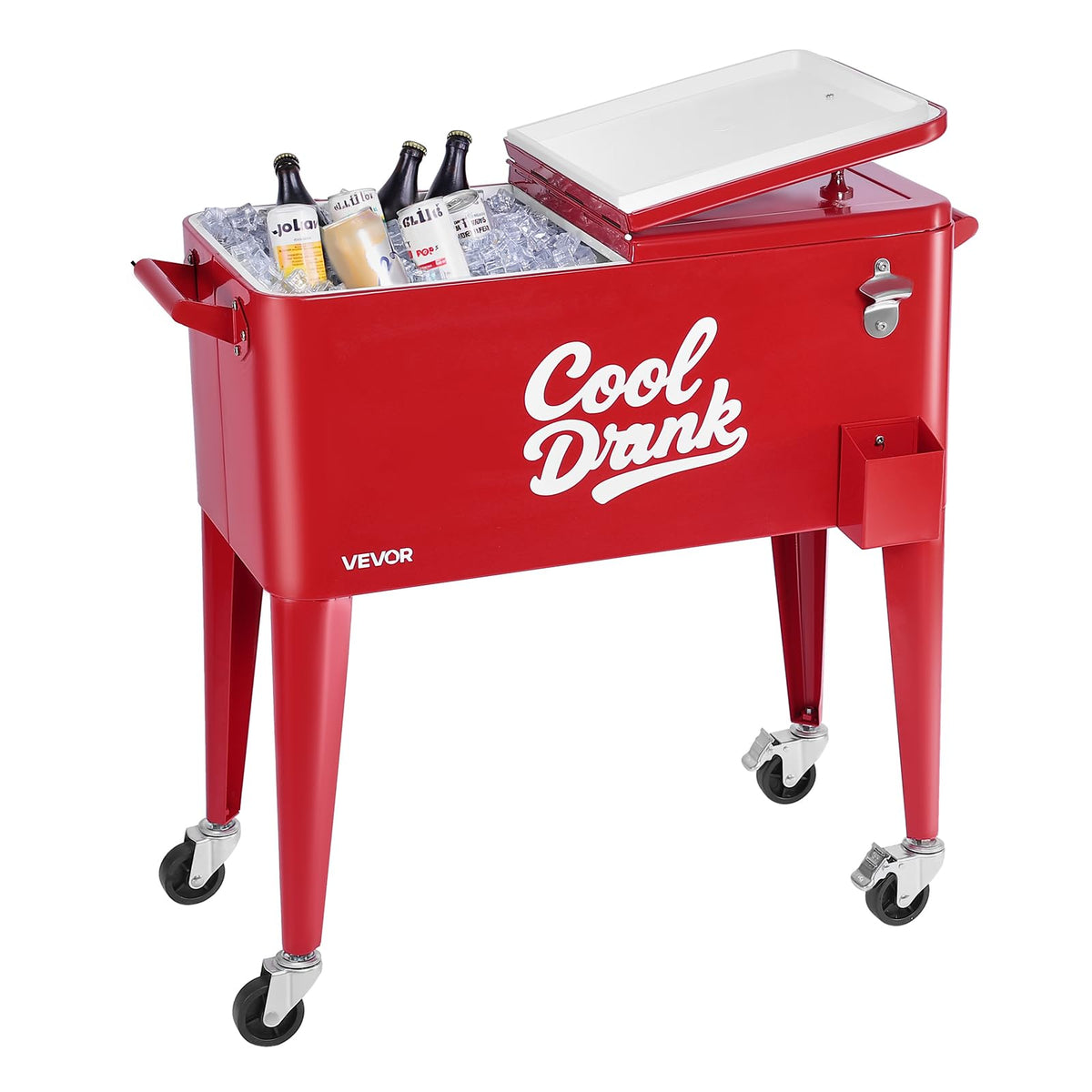 VEVOR 80 Quart Rolling Ice Chest, Holds up to 50 Bottles / 110 Cans, Portable Patio Party Bar Drink Cooler Cart with 4 Swivel Casters (2 with Brakes), Beverage Cooler Trolley with Bottle Opener, Red