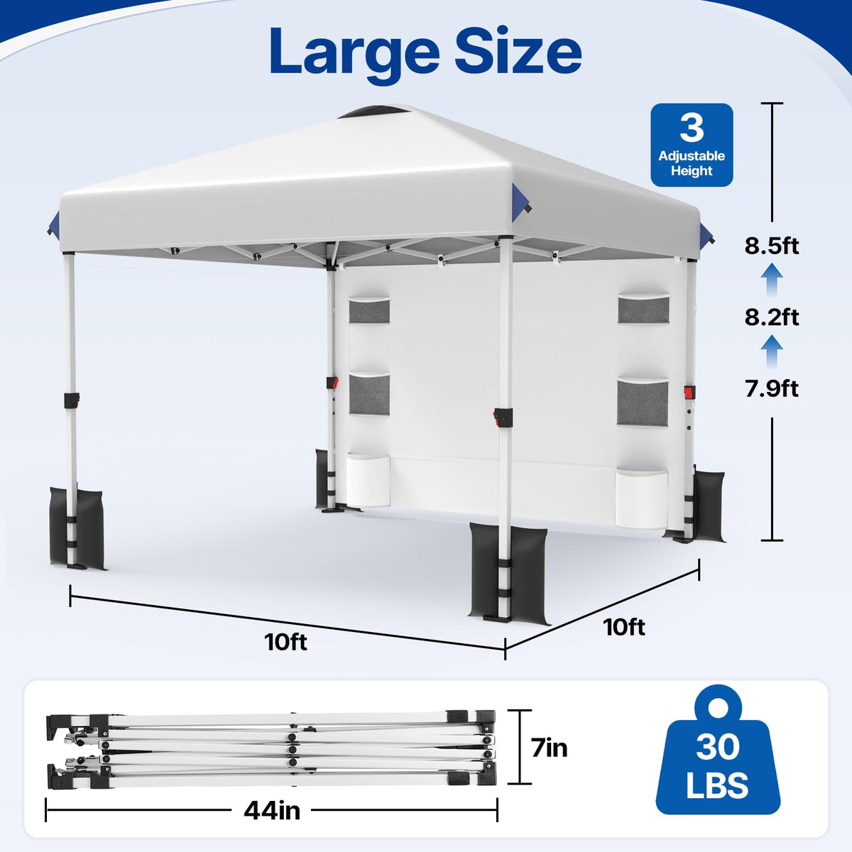10x10 FT Pop Up Canopy Outdoor Tent with 1 Sidewall and 6 Pockets, 1-Button Push Easy Set Up, 3-Height Adjustable Beach Shade, Heavy Duty Sun Shelter for Vendor Events Camping Party Outdoor Activities