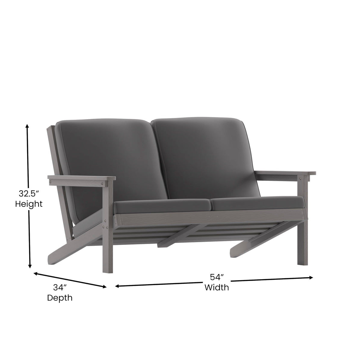 Flash Furniture Charlestown Adirondack Style Deep Seat Patio Loveseat with Cushions - Gray Poly Resin Frame - Gray All-Weather Cushions - Indoor/Outdoor