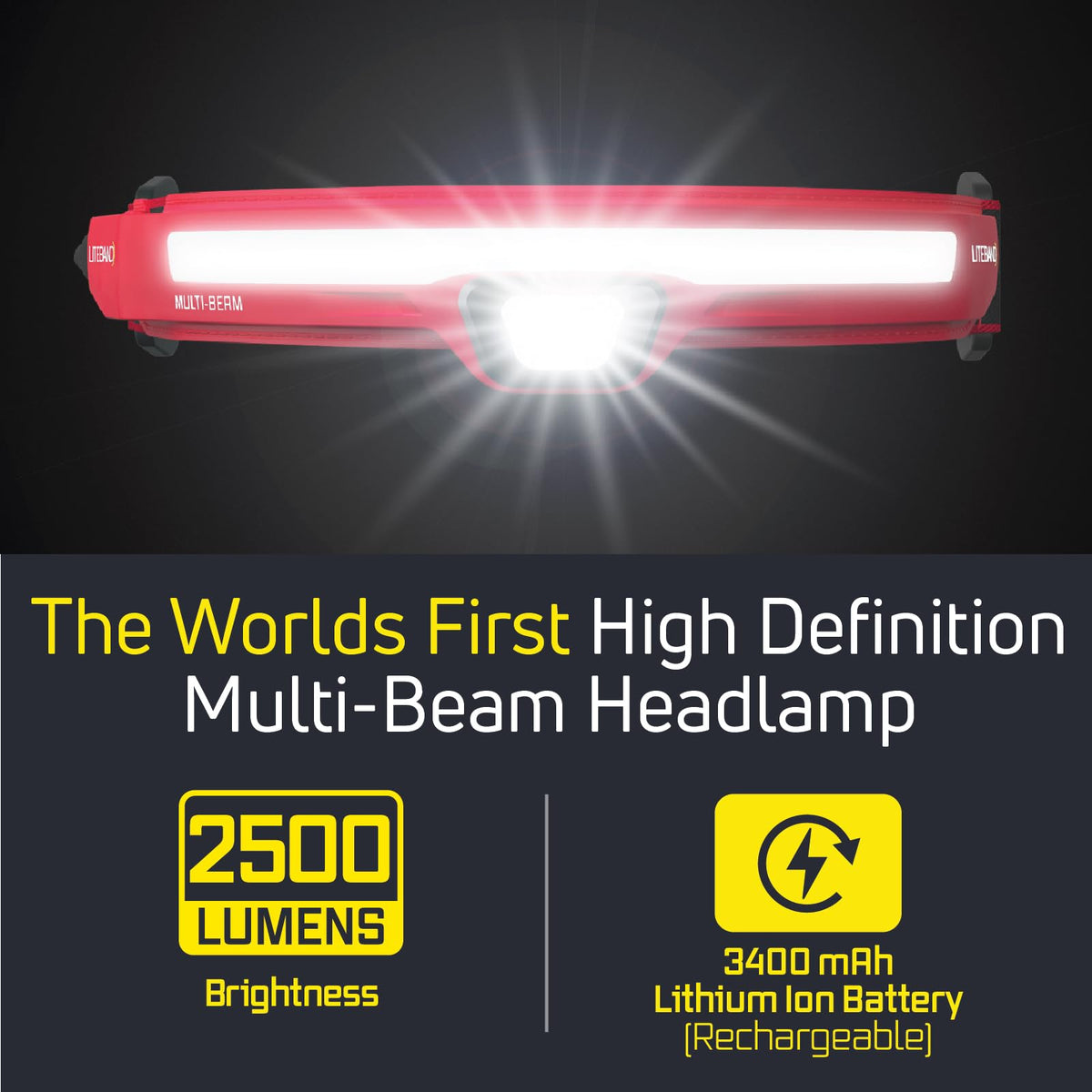 LITEBAND PRO Multi-Beam Rechargeable LED Headlamp, 2500 Lumens, 210° Wide Beam + Focused Spot, PureHD High CRI Light, Hard Hat Compatible, Professional No-Bounce Fit, IPX5 Weather Resistant, Red