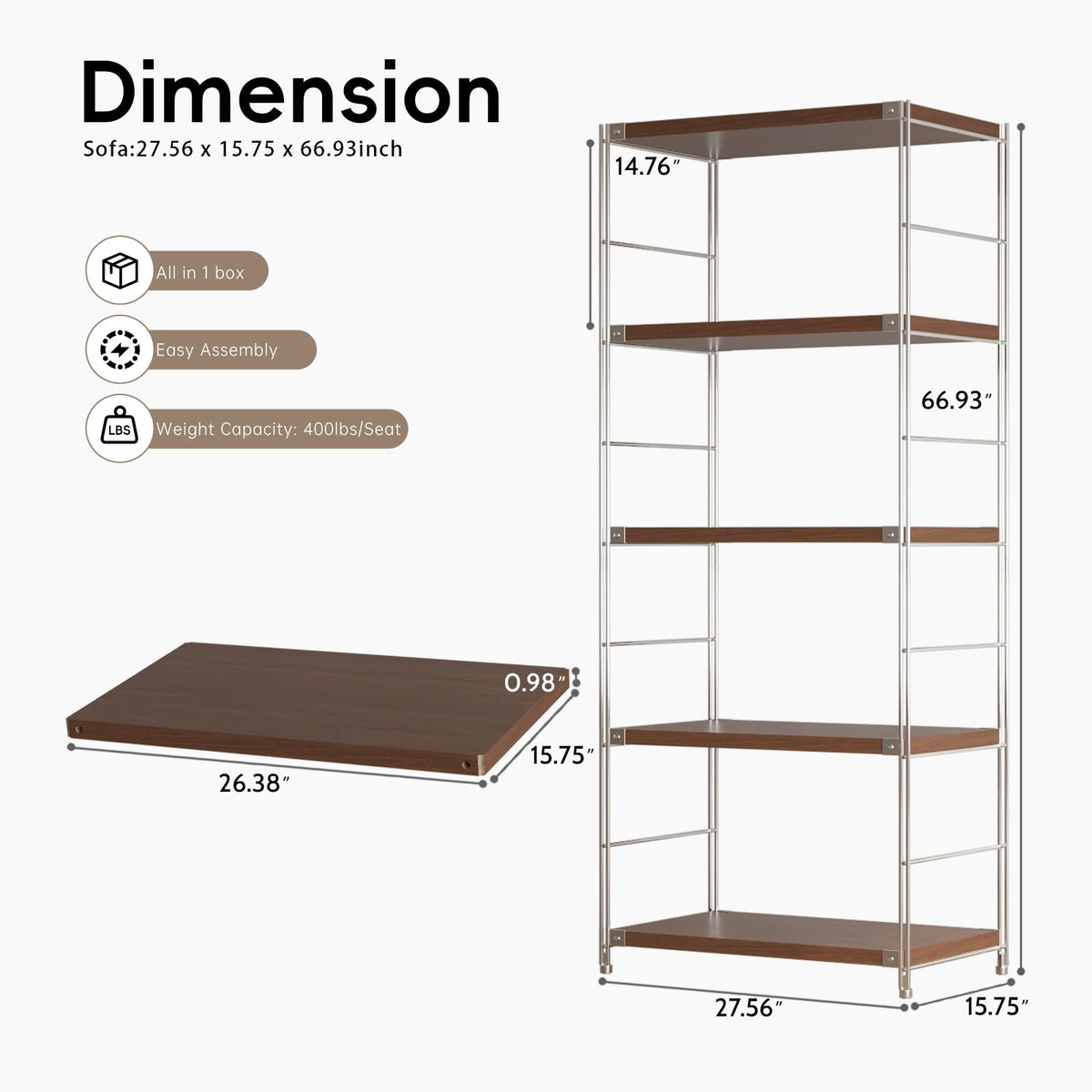 Achene 5-Tier Industrial Bookshelf, Storage Bookcase for Living Room, Bedroom, Home Office, Study Room, and Kitchen, 15.75"x27.56"x66.93" Inches (Walnut, 5T28IN)
