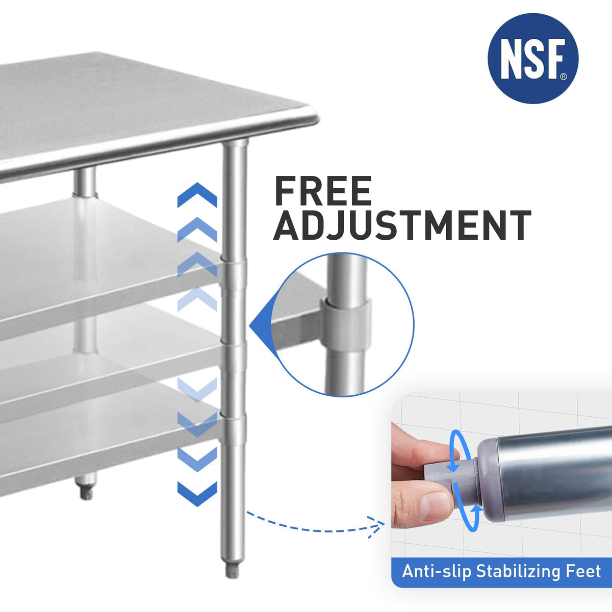 ROCKPOINT Stainless Steel Table for Prep & Work 18x30 Inches, NSF Metal Commercial Kitchen Heavy Duty Table with Adjustable Under Shelf and Table Foot for Restaurant, Home and Hotel