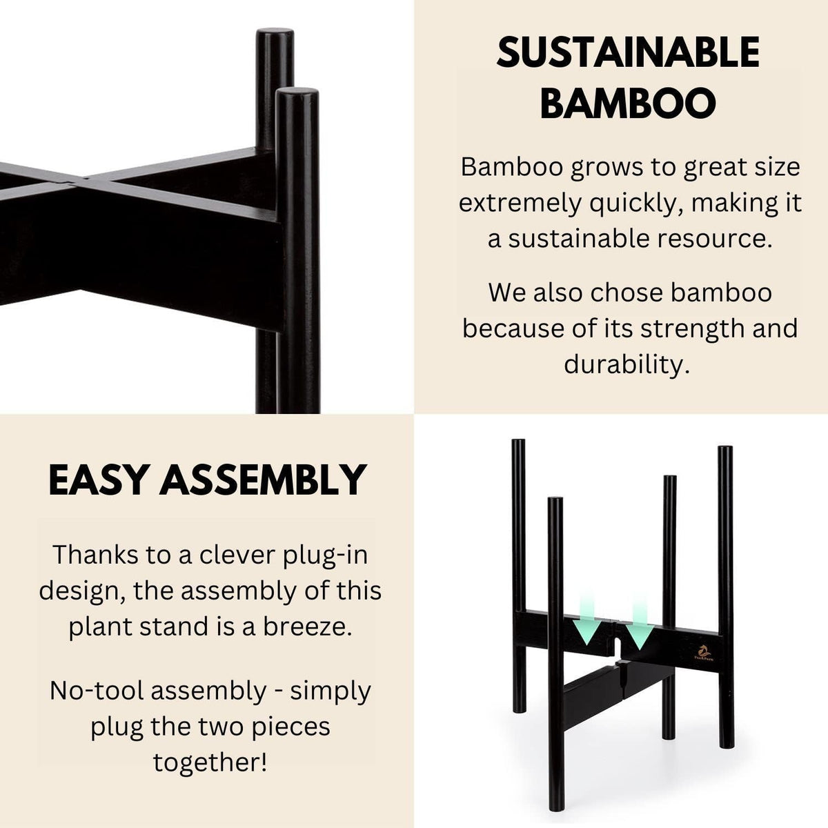 Fox & Fern Bamboo Plant Stand — 14.9 Inch Fixed Size Wooden Mid Century Planter Stand for Indoor Planters (Not Included); Extra Large Flower Pot Holder for Indoor Big Pots; Plug In Design; Dark Bamboo