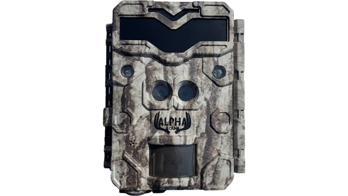 ALPHA CAM No Glow 4K Video Dual Lens Hunting Trail Camera 32MP 60fps IP67 Waterproof Scouting Cam with Ultra Fast Trigger Speed and Recovery Rate 2.4" Color Viewscreen
