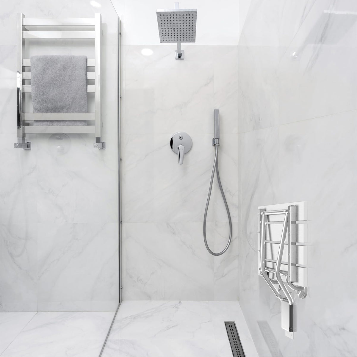 Folding Shower Seat & Chair Wall Mounted for Adults, Fold Down Shower Bench & Stool for Inside Shower, for Small Spaces, Foldable (White, Extra Large)
