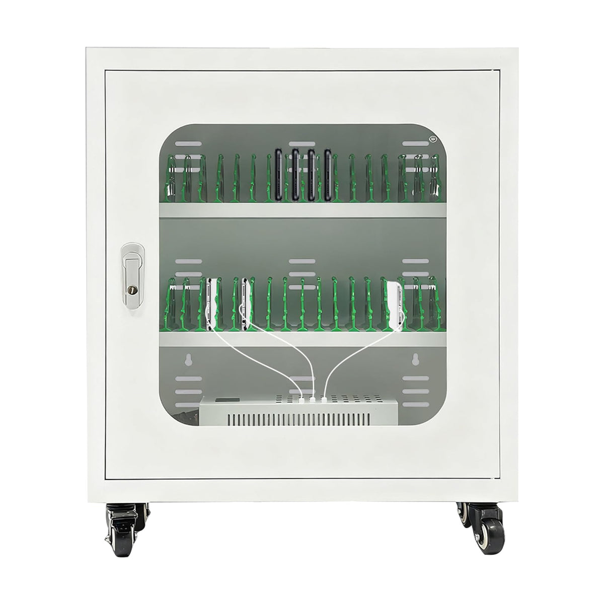 JAYGOVAN 40 Device Mobile Charging and Storage Cart Laptop Lock Box with Charging Port Screen Size Up to 8", Steel Case Portable Locking Charging Station for Schools, Offices, Business