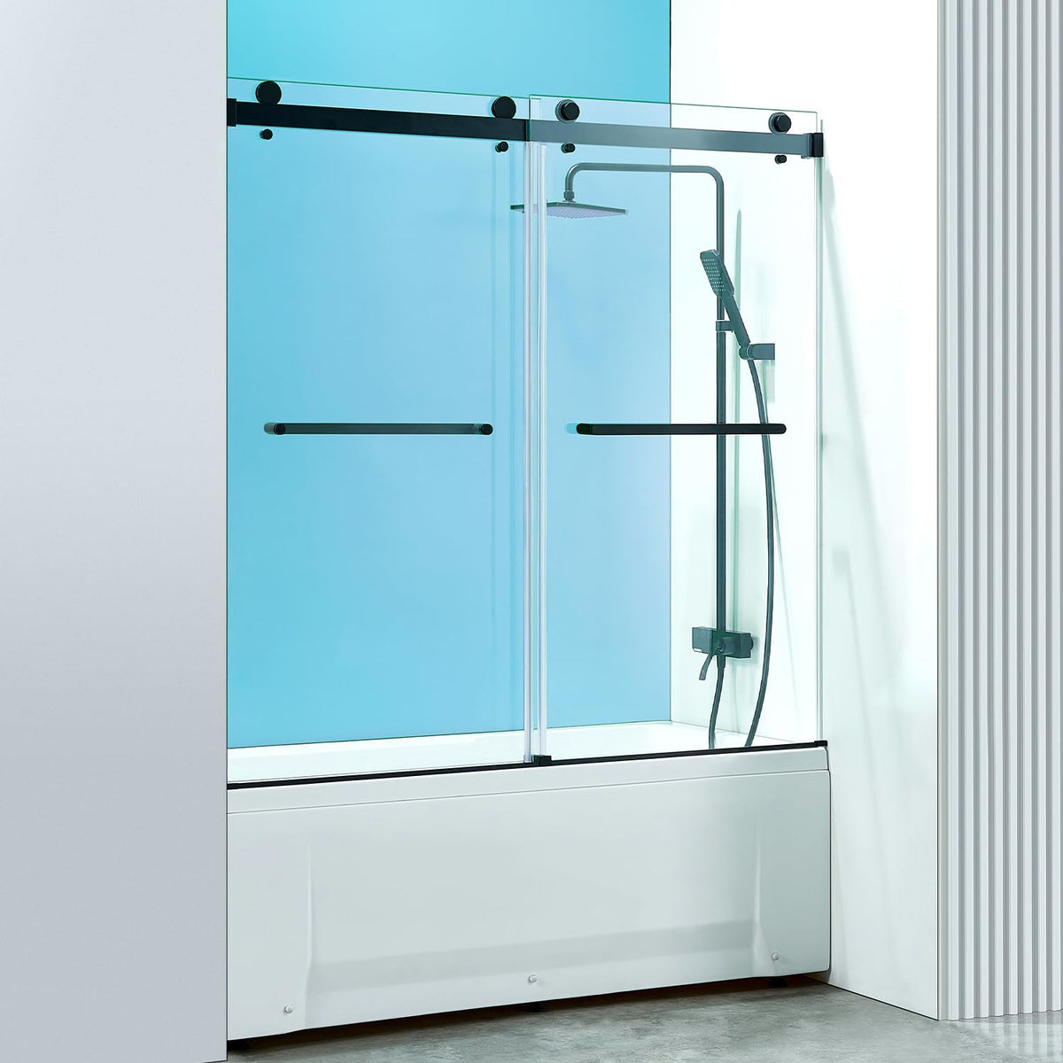 YTTSOYTS 56-60" W x 60" H Frameless Double Sliding Tub Door Bathtub Shower Door, Frameless Tub Door with 5/16" (8mm) Clear SGCC Tempered Glass, Stainless Steel Hardware (60"x60" Matte Black)
