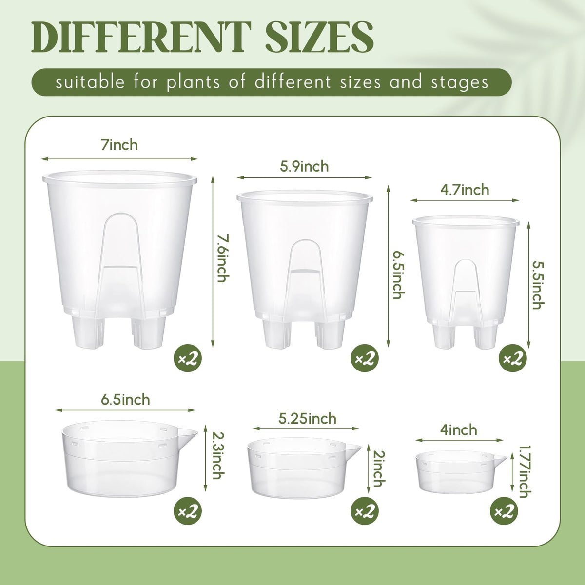Wonderjune 6 Pcs Self Watering Plant Pots, 4.72''/ 5.91''/ 7.09'' Nursery Pots with Deep Reservoir & High Drainage Holes for Outdoor Plants and Flowers, Bare Root Planter(Clear)