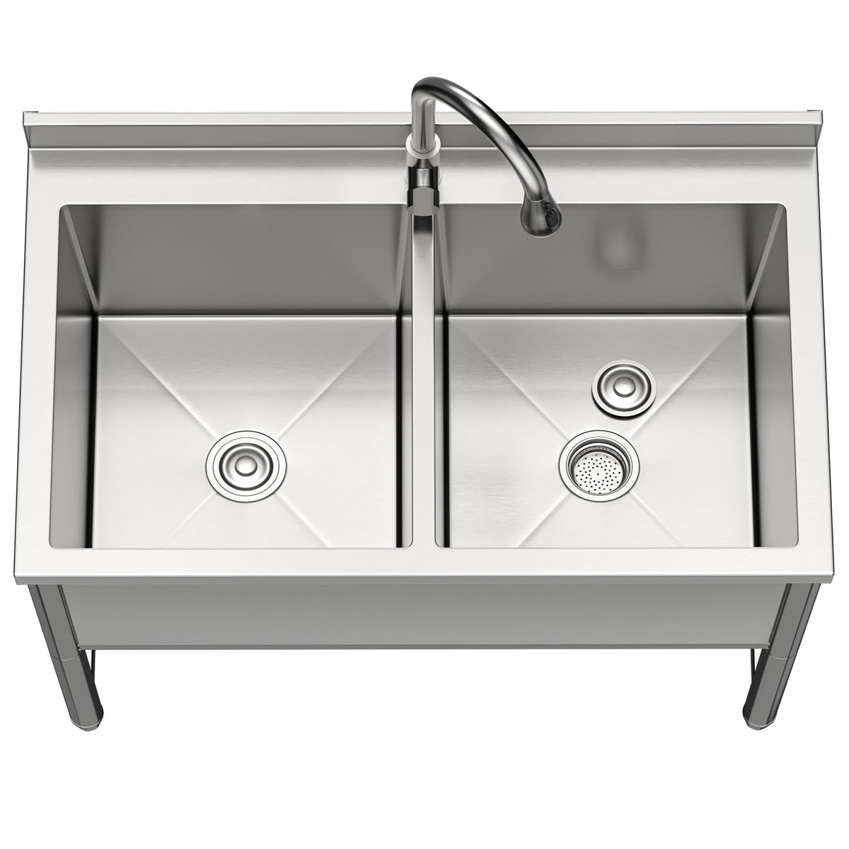35" Stainless Steel Commercial Sink 2 Bowl Freestanding Kitchen Sink with Pull-out Faucet, Large Utility Sink for Kitchen, Dishwashing, Thawing, Laundry Room, Garage, Outdoor, Total Capacity 36 Gallon