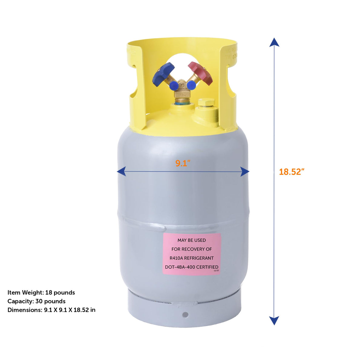 Flame King 30LB Refrigerant Recovery Cylinder Tank, 400 PSI, Dual Y-Valve Liquid/Vapor, Heavy-Duty Steel, HVAC Recovery & Storage