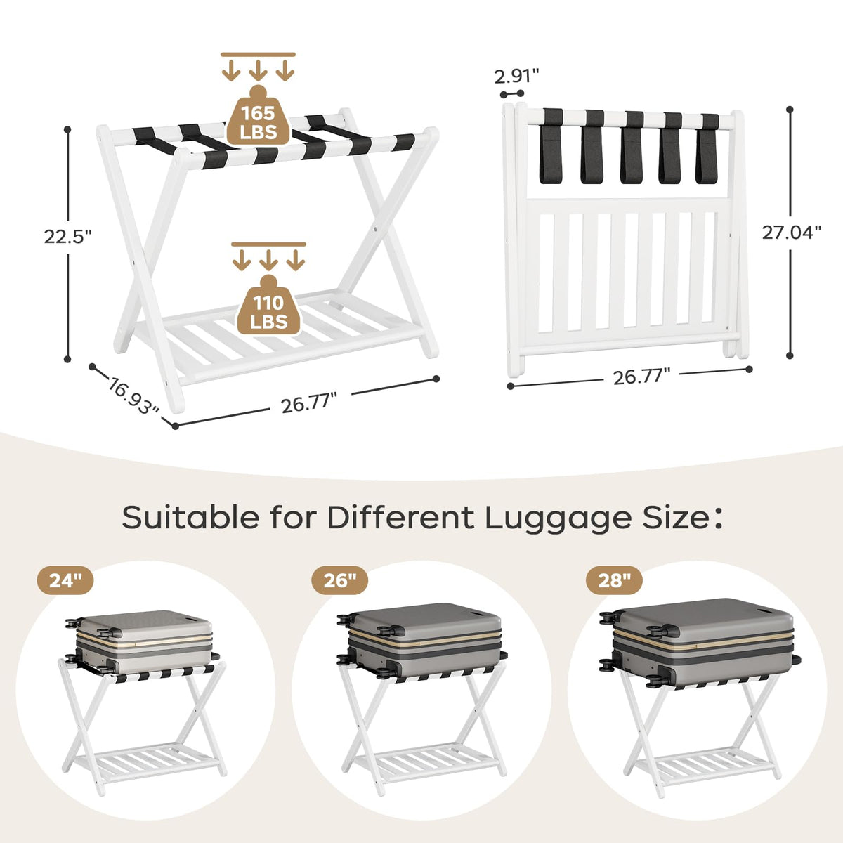 Oakvora Luggage Rack for Guest Room - Set of 2 Full Assembled 26.77" L Luggage Rack Stand for Suitcases, Foldable Luggage Holder with Shoe Shelf for Bedroom, Hotel (White Bamboo Suitcase Stands)