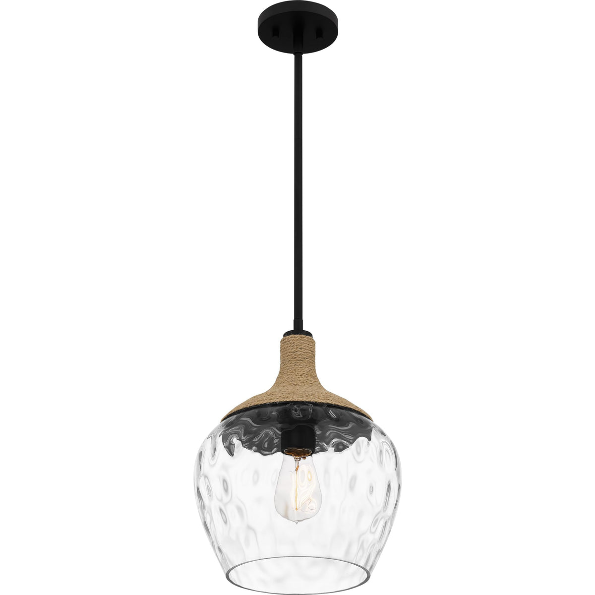Quoizel Royer 1-Light Mini Pendant, Matte Black, Clear Water Glass with Rope Detail, Coastal Hanging Light for Kitchen, Bedroom or Bar