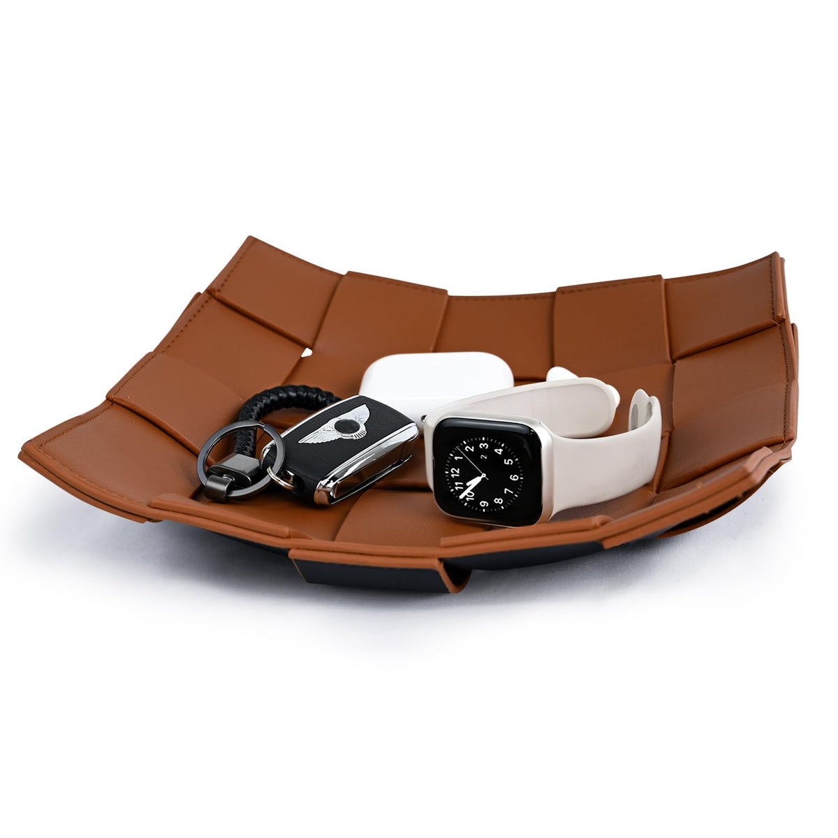 Valet Tray PU Leather Key Holder Bowl for Men Entryway Table Nightstand Desk Tray for Wallet, Keys Men's Gift - Brown & Black, 9.8" L x 9.8" W x 2" H