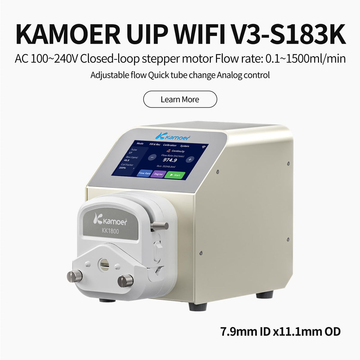 Kamoer UIP V3 Intelligent 0.1~1500ml/min High Flow Peristaltic Pump with High-Precision Closed-Loop Stepper Motor 100V~240VAC Dosing Pump Foot Switch (UIP-V3 Single Head)