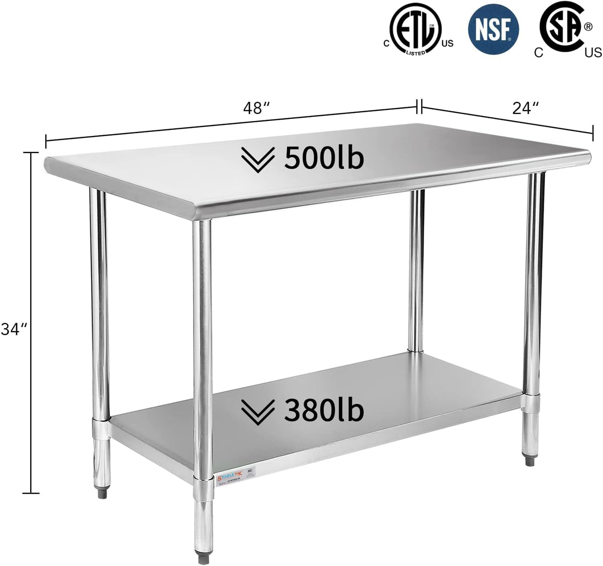 STABLEINK NSF Stainless Steel Prep Table 48x24 Inches 4ft, Metal Work Table with Adjustable Undershelf, for Commercial Kitchen, Restaurant, Hotel, Laundry and Garage