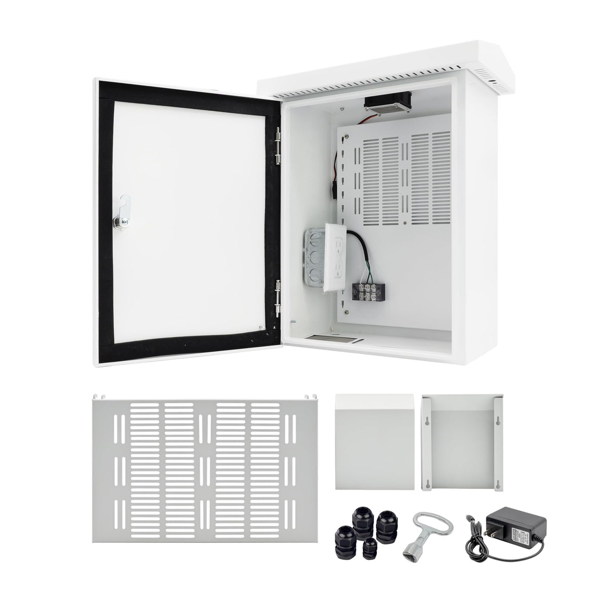 NEMA Outdoor Electrical Box (15.7″ x 11.8″ x 7.9″) Metal Enclosure, Universal IP Waterproof Equipment Box w/DC Fan & 12V Adapter, Removable DIY Mounting Plate, One-Piece Ventilation