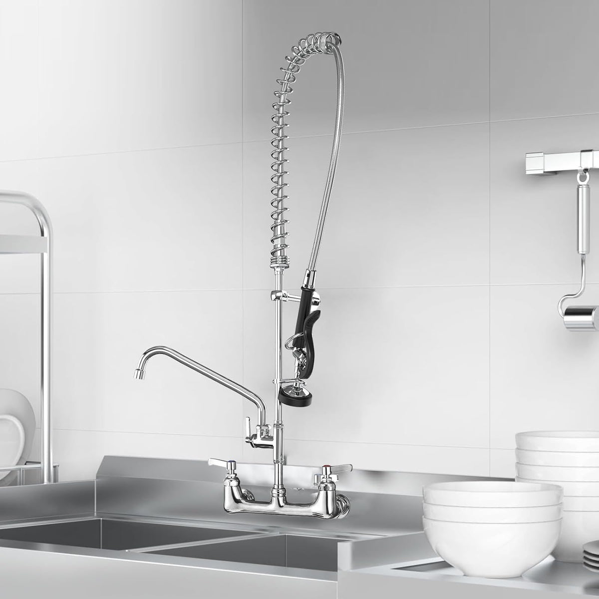 Commercial Sink Faucet with Sprayer for Kitchen: MSTJRY 47" Height Wall Mount Commercial Faucet with Sprayer Fit for 3 Compartment Sink - Polished Chrome 8" Center 12" Swing Spout Pre Rinse Assembly