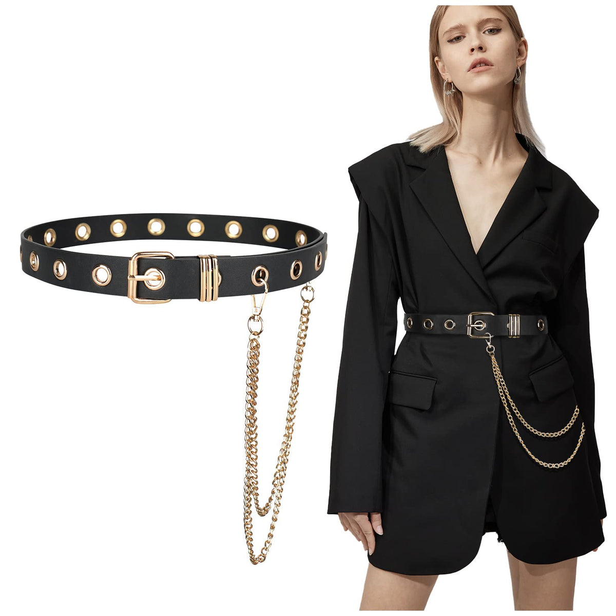 FIORETTO Grommet Leather Belt with Detachable Chain Women Men Punk Rock Waist Belts for Jeans Pants Single Holes (With Gold Chain)