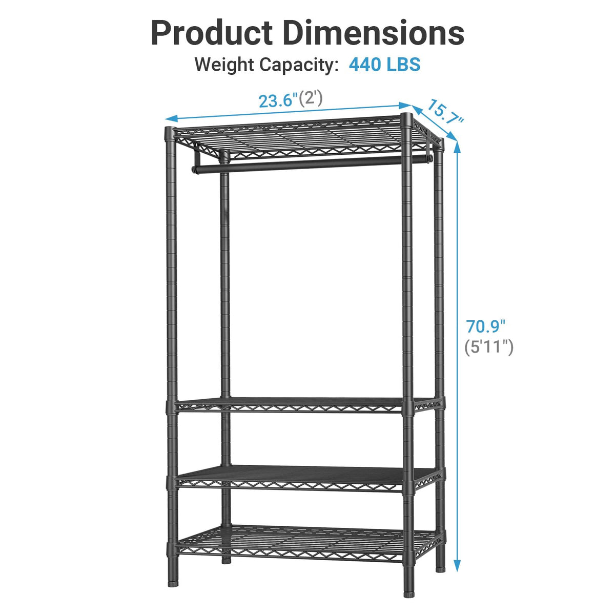 VIPEK V1 Medium Portable Garment Racks 440lbs Load Capacity, Heavy Duty Clothes Rack with 4 Tiers Adjustable Shelves & Hanging Rod, Compact Space-Saving Storage for Small Apartments/Dorms (Black)