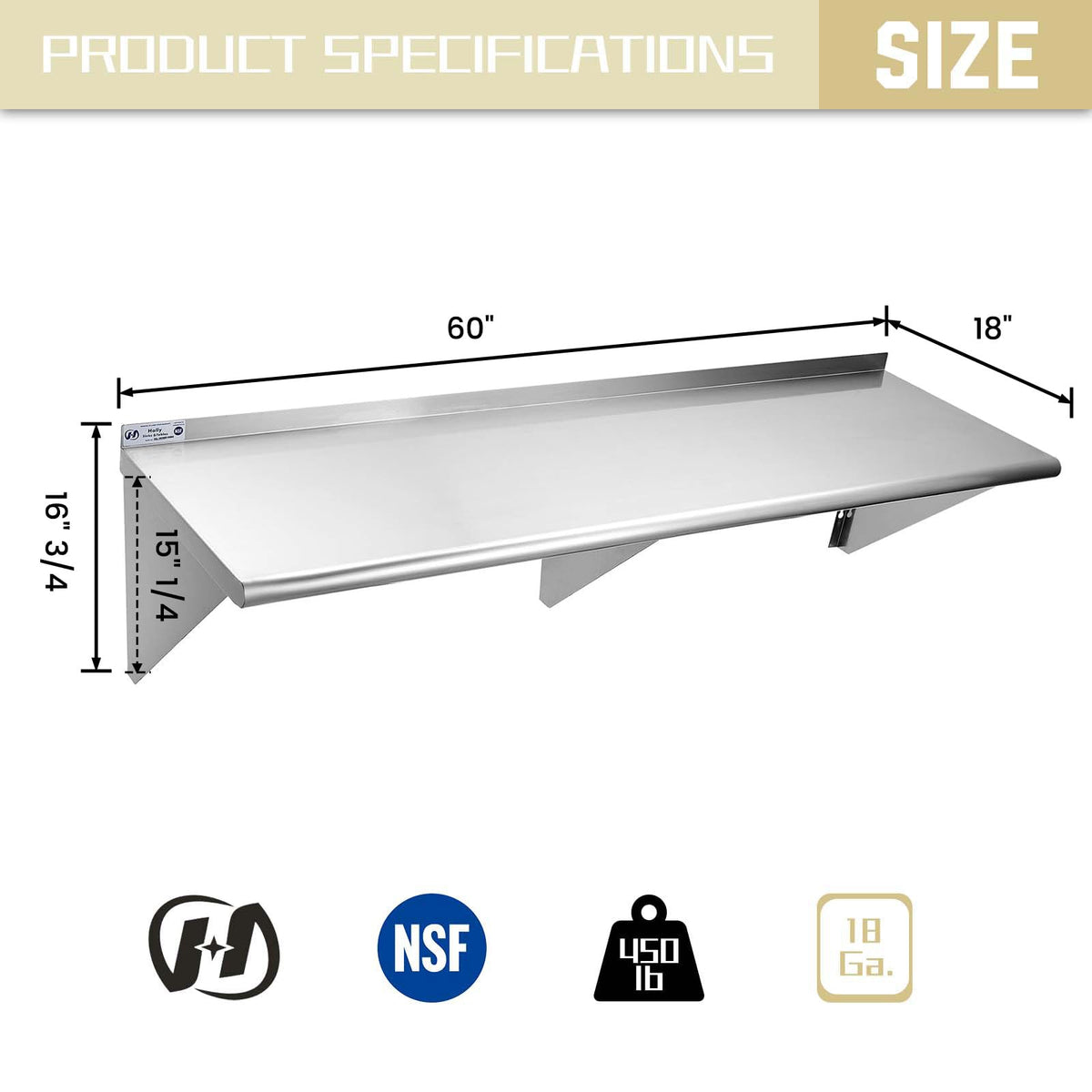 HALLY SINKS & TABLES H Stainless Steel Shelf 18 x 60 Inches, 450 lb, Commercial Wall Mount Floating Shelving for Restaurant, Kitchen, Home and Hotel