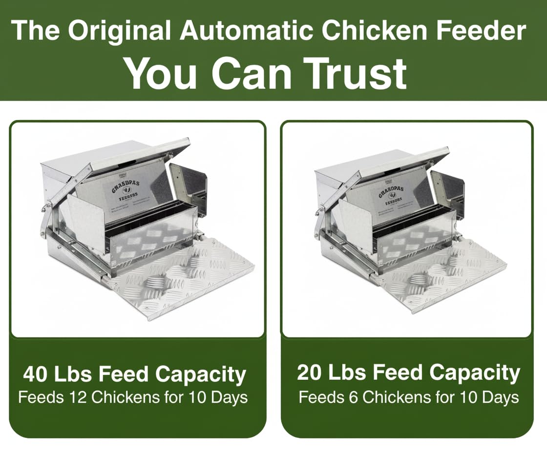 Grandpas Feeders Automatic Chicken Feeder - 20 lbs No Waste Poultry Feeder, Rat Proof & Rodent Proof Treadle Chicken Feeder, Galvanized Steel with Lid, Feeds 6 Chickens up to 10 Days