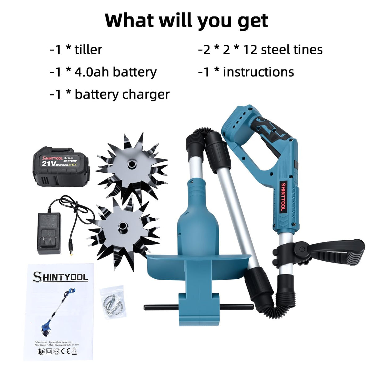 21v Cordless Tiller, 8-Inch Wide 4.0 Ah Battery Powered Garden Cultivator, Cultivator with Steel Tines and Battery Capacity Display, Rototiller for Lawn/Gardening/Soil Cultivation (Blue) by Shintyool