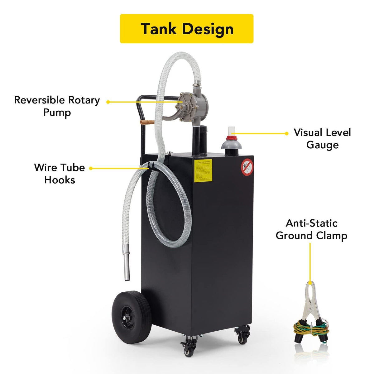 40 Gallon Fuel Transfer Tank - Portable Gas Caddy with Hand Siphon Pump & Flat-Free Wheels for Automotive Diesel Engine Oil Storage, Rolling Garage & Farm Fuel Carrier, Black