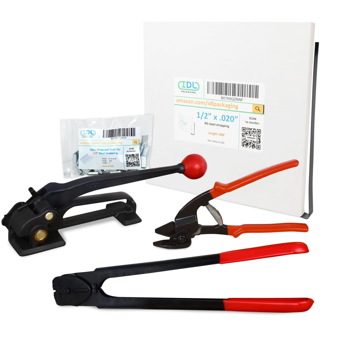 IDL Packaging 1/2" x 200' Steel Banding Strapping Kit, 1100 lbs Break Strength - Premium Heavy-Duty Banding Tool for Pallet Strapping - Strapping Tensioner, Sealer, Cutter/Crimper