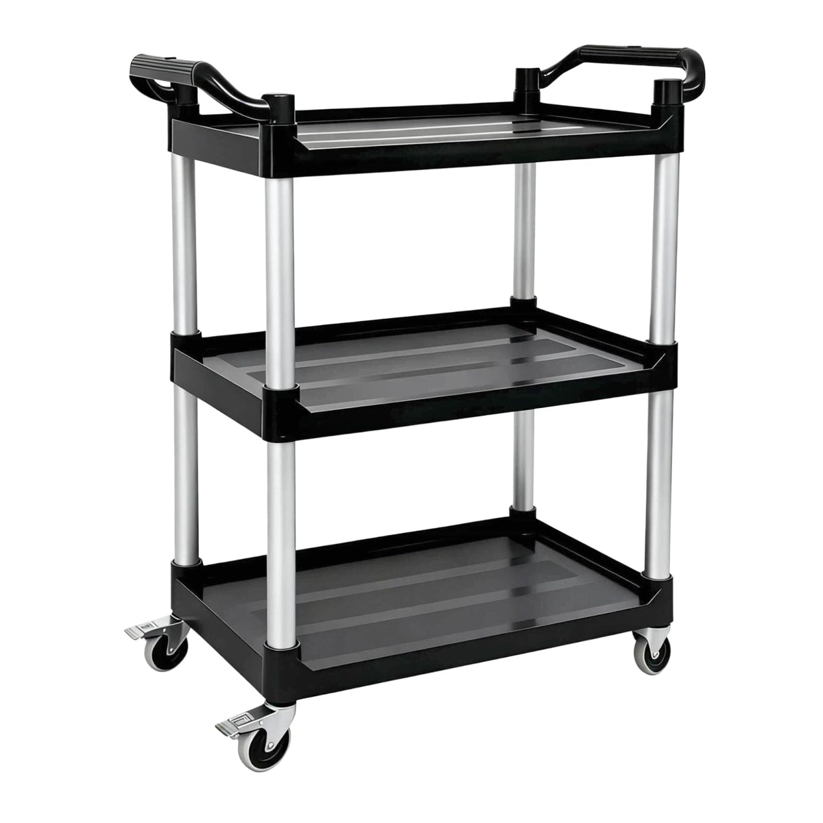 Ufriandz 3 Tier Heavy Duty Rolling Utility Cart with Strong Wheels and Handle 600lbs Load Capacity Plastic Serving Cart for Food Commercial Garage Restaurant Kitchen, Black Storage Shelf