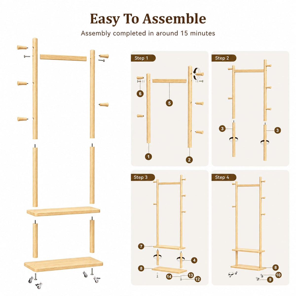 Solid Wood Coat Rack Freestanding Clothing Rack with Wheels & 2 Shelves Storage & 5 Hooks Heavy Duty Clothes Rack Wood Coat Tree Stand Hat Hanger Rack for Corner Bedroom Entryway Living Room Hotel