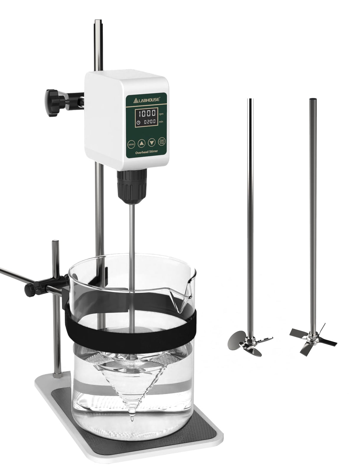 LABHOUSE OS-5S Digital Overhead Stirrer 10L(H₂O) Lab Stirrer Flat-Base Stainless Steel Stand & 2 Stirring Paddles & Beaker Holder | 100-1200RPM,10000 mPas,Timing 1min-24h