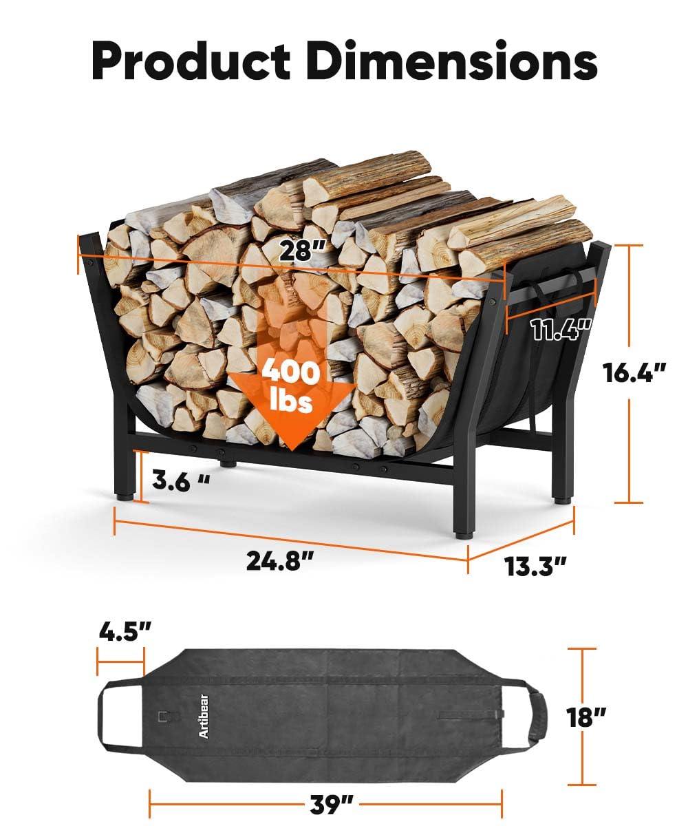 Artibear 8FT Firewood Rack Outdoor with Black Cover, bundle 28In Indoor Fireplace Log Holder with Carrier Bag