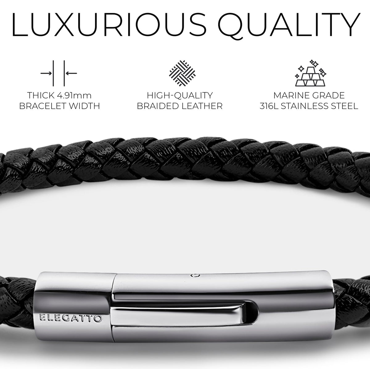 Elegatto Elagio Premium Braided Leather Bracelet for Men | Full-Grain Braided Leather with Sterling Silver Polished Stainless Steel Clasp | Men’s Designer Bracelets | Large