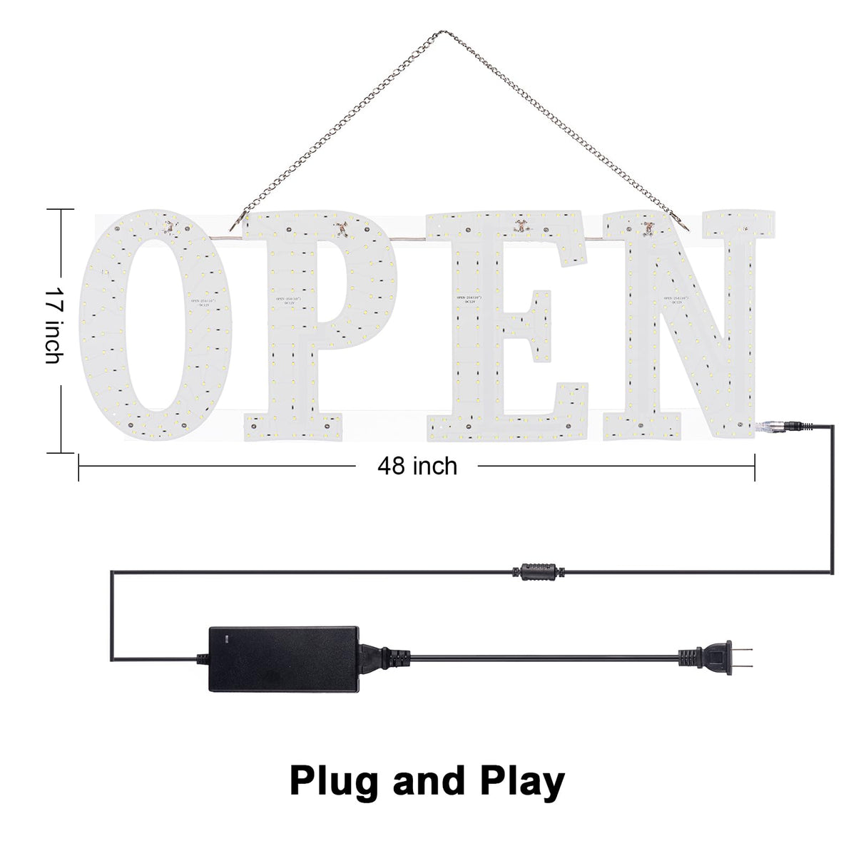 48"x17" Super Large LED Open Signs for Business with Remote Controlled, 10 Levels Brightness Adjustable Unique Design Super Bright with Chain, High Visibility for Store Bar Retail Shops Salon Office