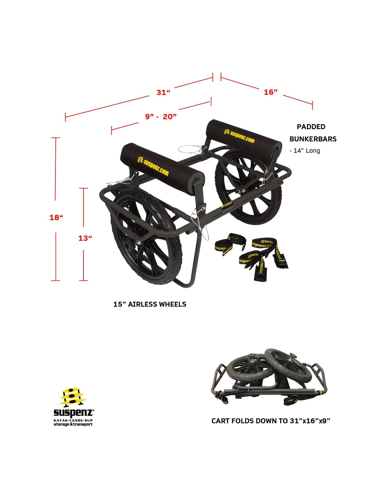 Suspenz Kayak Canoe Transport Cart, All-Terrain Super Duty Trolley Carrier with No-Flat Airless Wheels and Kickstand, 350 lb Load Capacity, Black (22-9908)