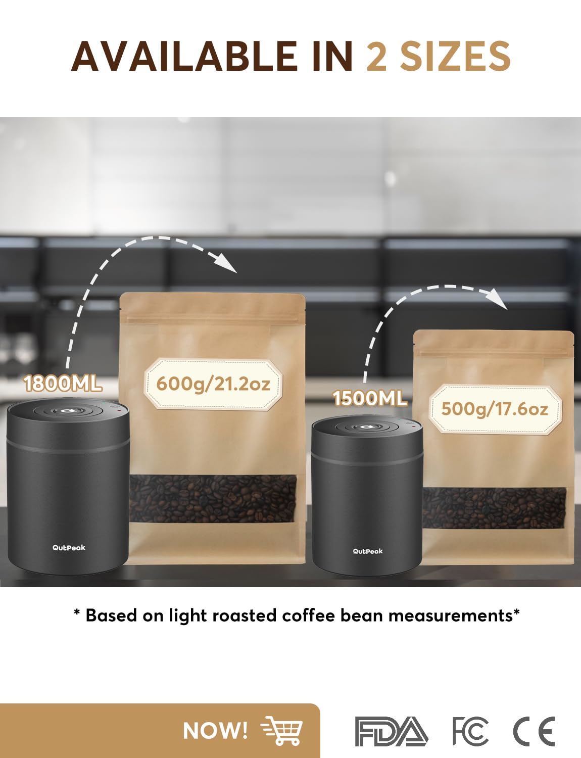 OUTPEAK Auto Vacuum Coffee Canister: 1.5L for 17.6oz, 0.5L for 4.6oz Coffee Beans (Set of 3)