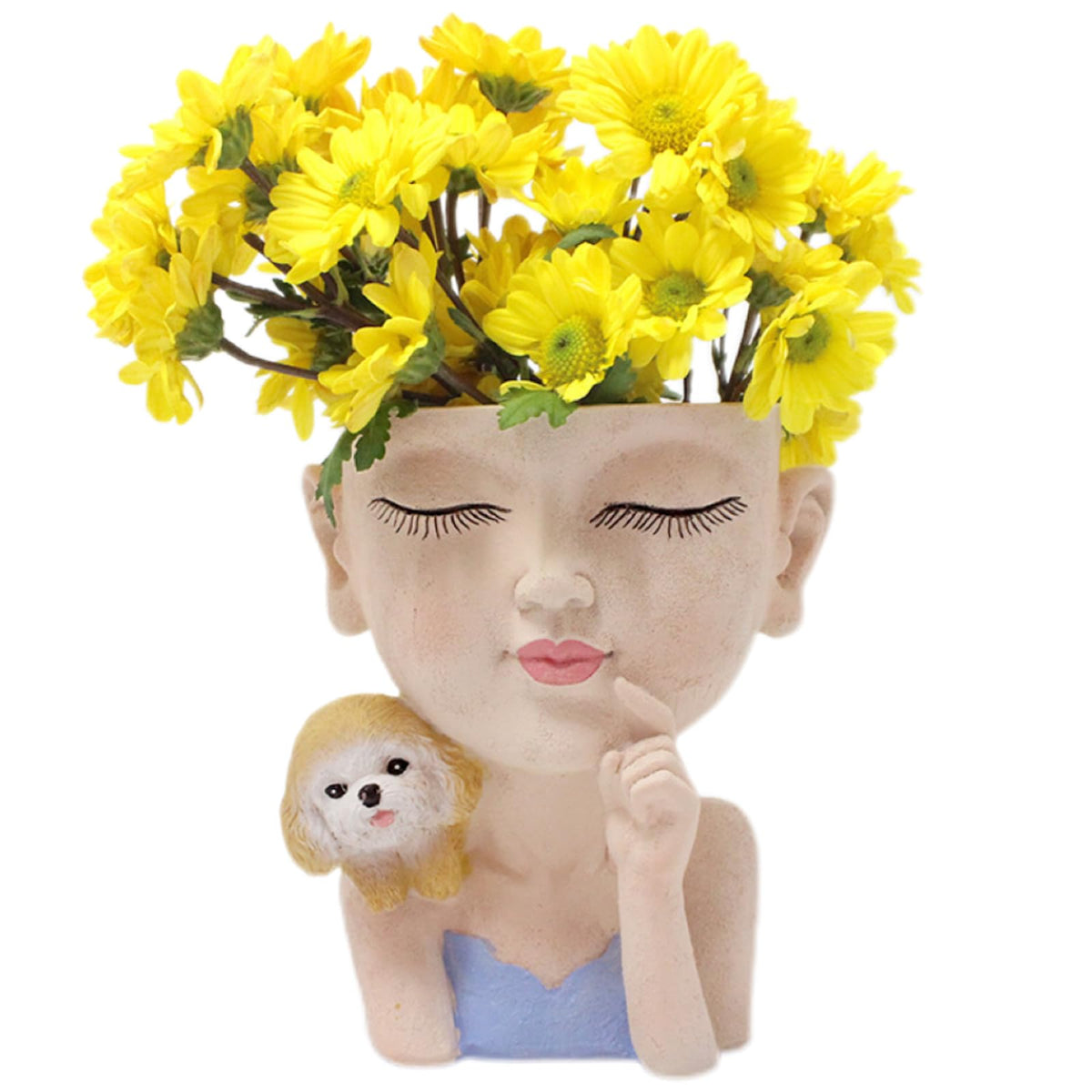 Face Planters Pots Cute Closed Eyes Girl and Dog Succulent Planter Unique Head Planter for Outdoor Indoor Planter Female Bust Vase - with Drainage Hole