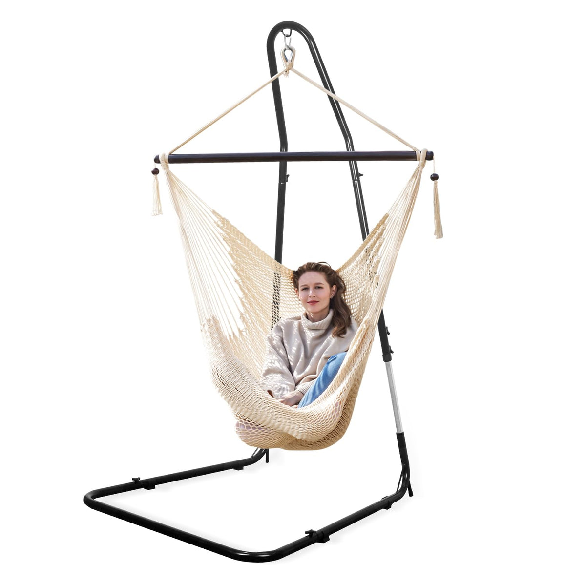 Bathonly Large Hammock Chair with Metal Bar, Caribbean Hammock Swing Chair with Stand, XL Hammock Chair Outdoor Indoor, 330 LBS Weight Capacity