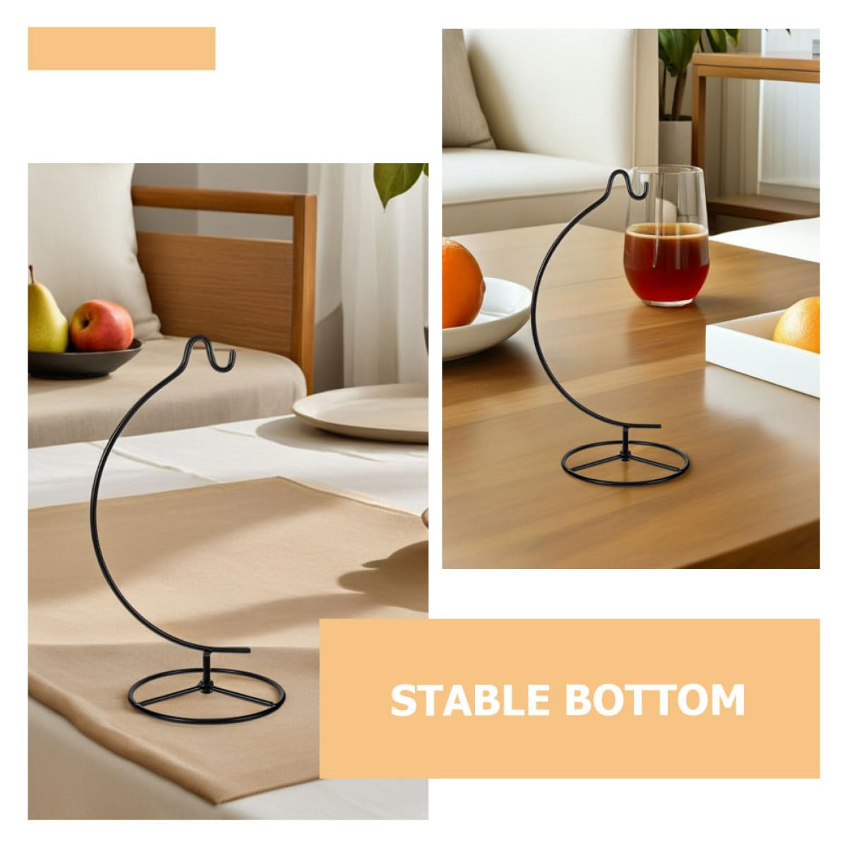 CONGARTENO Iron Hook Rack and Air Plant Planter Holder, 2Pcs Moon-Shaped Hanging Stand with Glass Ball Holder, Black Iron Pot Hanger for Home Décor and Indoor Plant Display