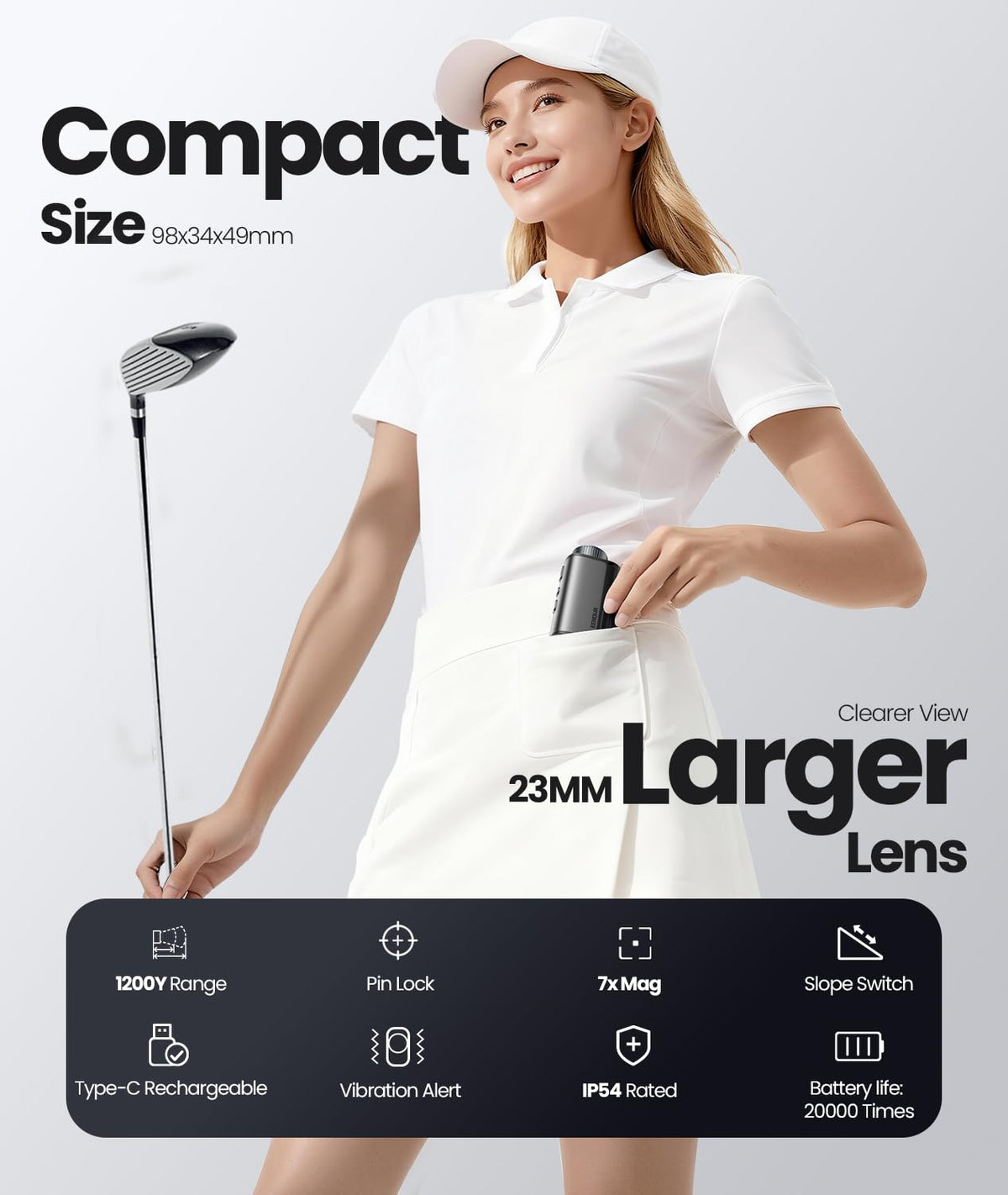 EENOUR Golf Range Finder with Slope, 1200 Yards Golf Laser Rangefinder,Compact RangeFinder Golf with Pole Lock Vibration,7X Magnification,23MM Large Objective Lens,Rechargeable IP54 Waterproof(Black)
