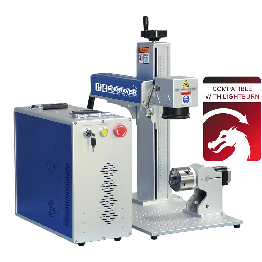 100W JPT M7 MOPA Fiber Laser Marking Machine Fiber Laser Engraver 300×300mm with 80mm Rotary Axis and Heightened 800mm Tower Lightburn Compatible Class 1 Laser Output Power 0.39mW