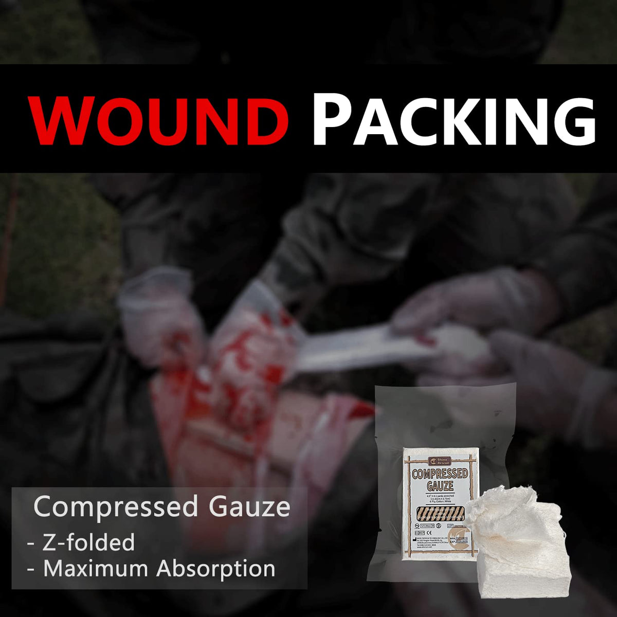 RHINO RESCUE Sterile Compressed Gauze for Emergency Wound Dressing+IFAK Trauma Kit with C-A-T Tourniquet for Wound Care (BSC, Black)