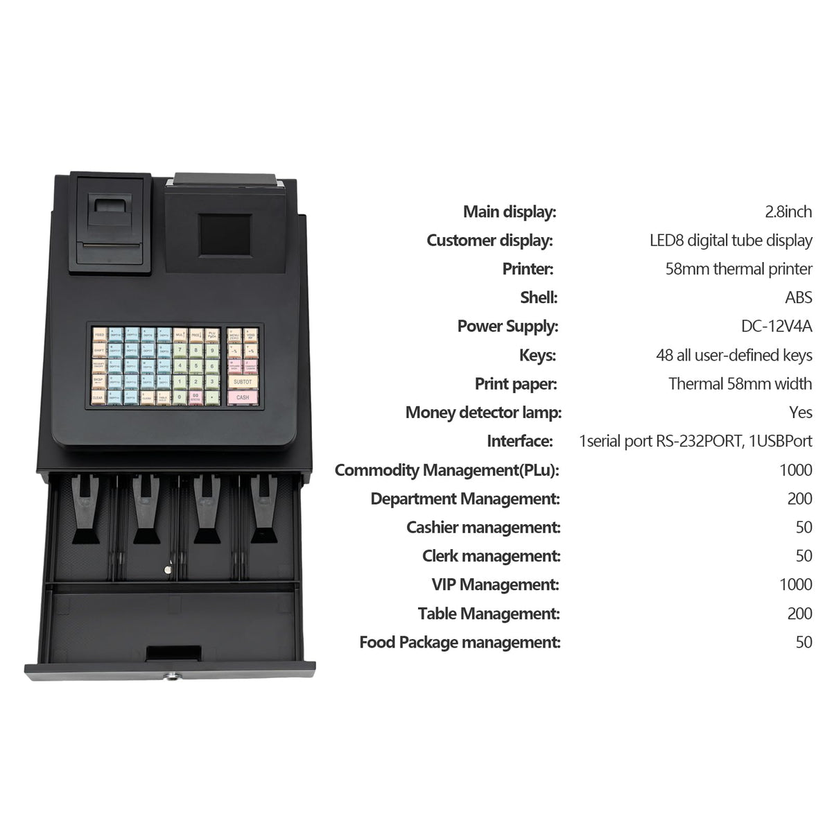 Cash Register for Small Businesses & Restaurant, Electonric caja registradora w/Cash Drawer, 200Dept/1000Items/200Tables/30Tastes/50Clerks/15Reports,Supports Scanner Scale Printer(Black)