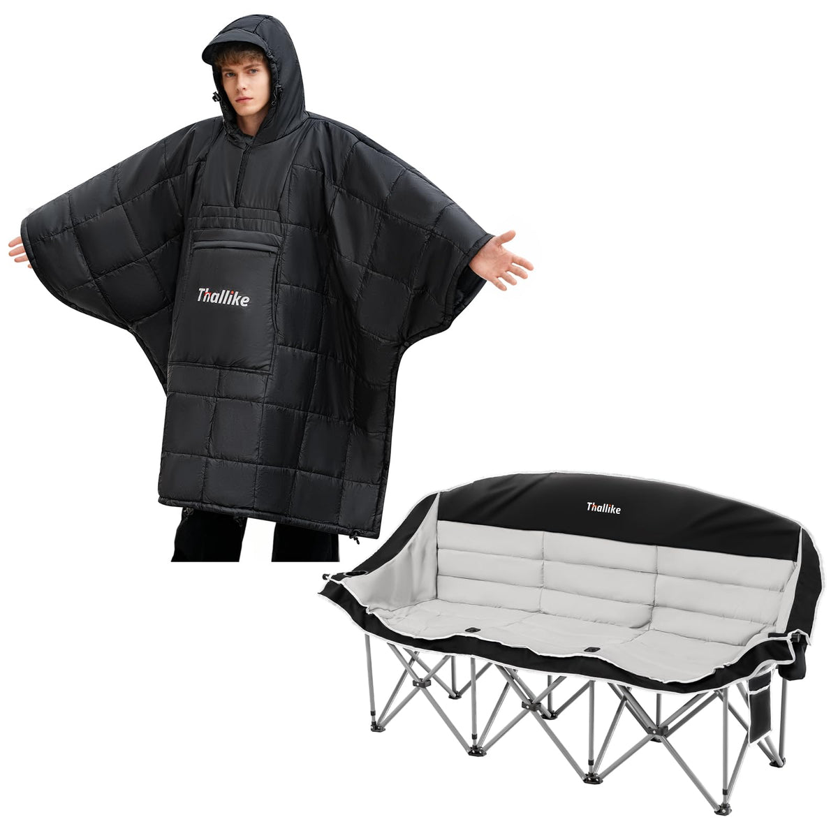Thallike 3 Person Outdoor Camping Chair & Warm Oversized Camping Blanket with Hood