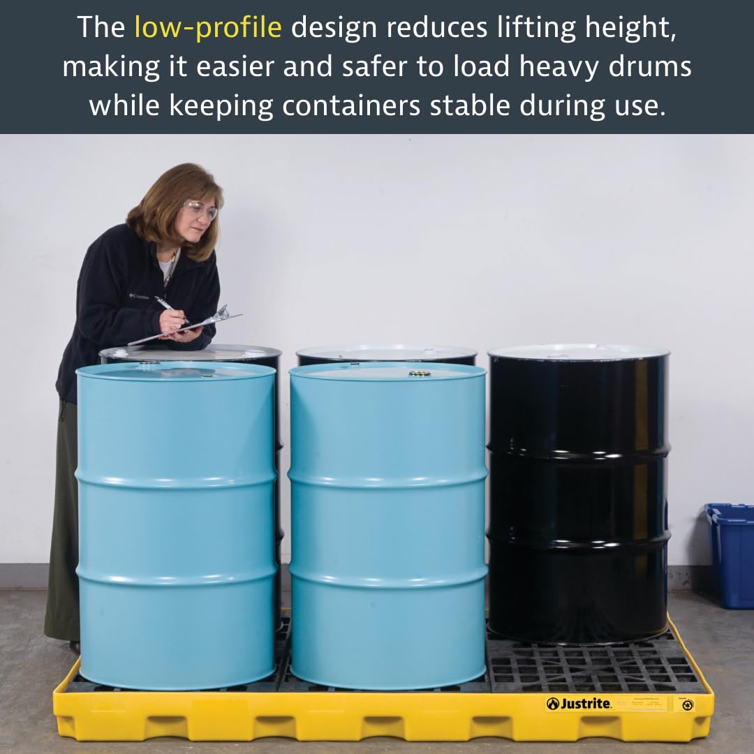 Justrite Low Profile 1 Drum Spill Containment Pallet Accumulation Center - 5.5" Tall - 12 Gal Capacity for 55 Gallon Drum Containment - Made in The USA from 30% Recycled Polyethylene - Yellow - 28652