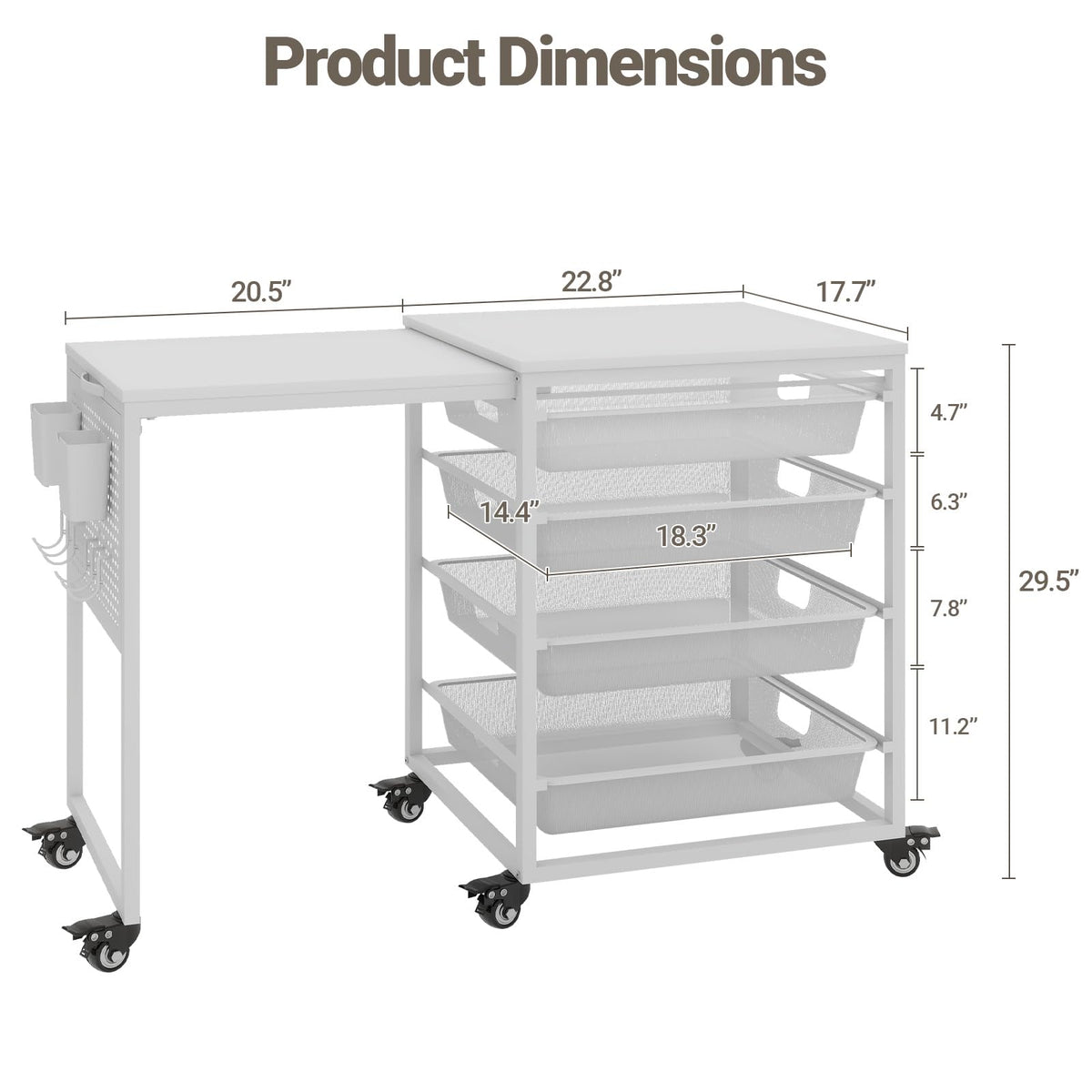 Rolling Craft Storage Cart with Wheels & Mesh Drawers, Extendable Craft Table with Pegboard Organizer, Muti-Functional Work Table for Sewing, Arts and Crafts, Scrapbooking Storage,3D Printers (White)