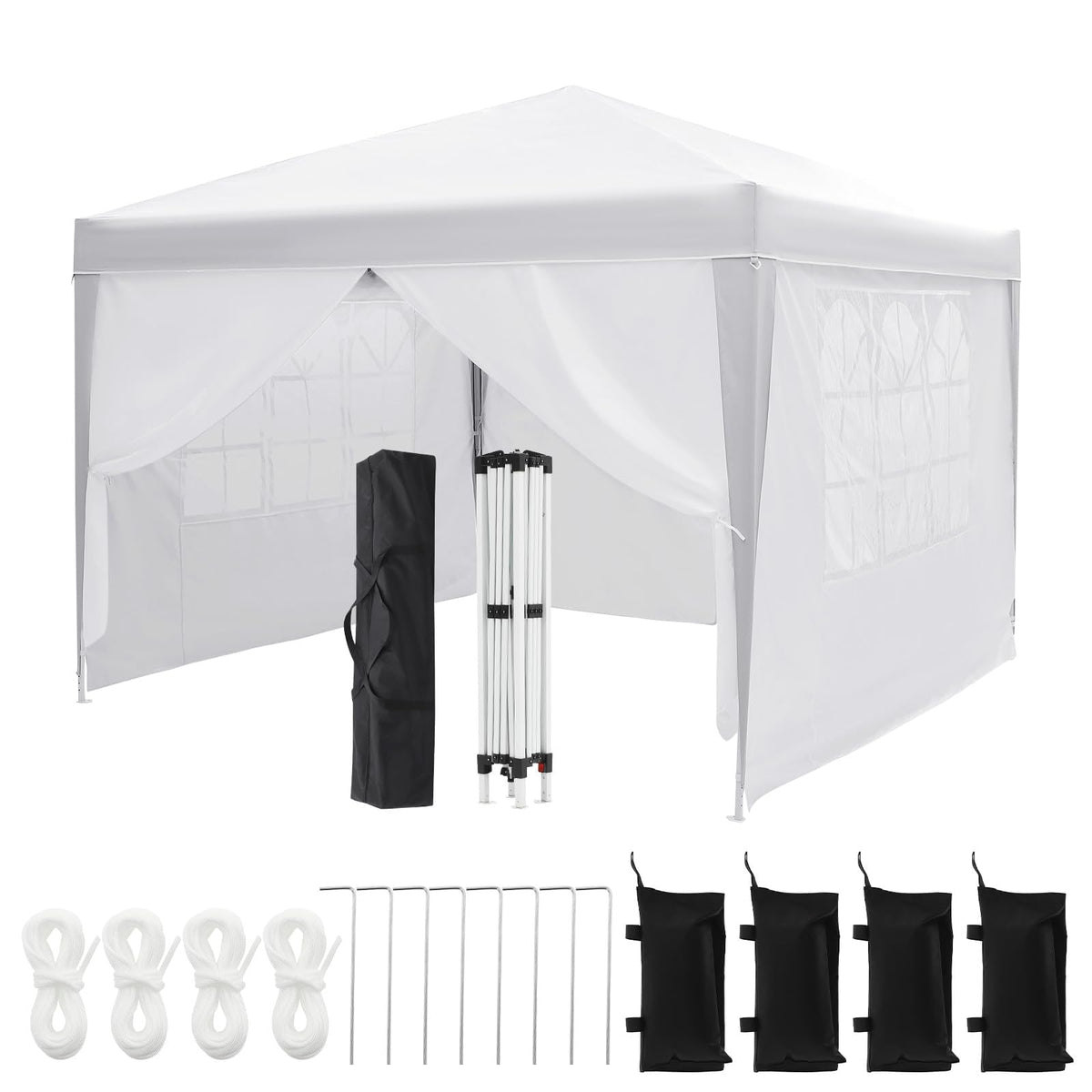 White 10x10 Pop-Up Canopy Tent with 4 Sidewalls – Portable Instant Shelter, Waterproof Outdoor Gazebo for Camping, Parties, Backyard & Beach Activities