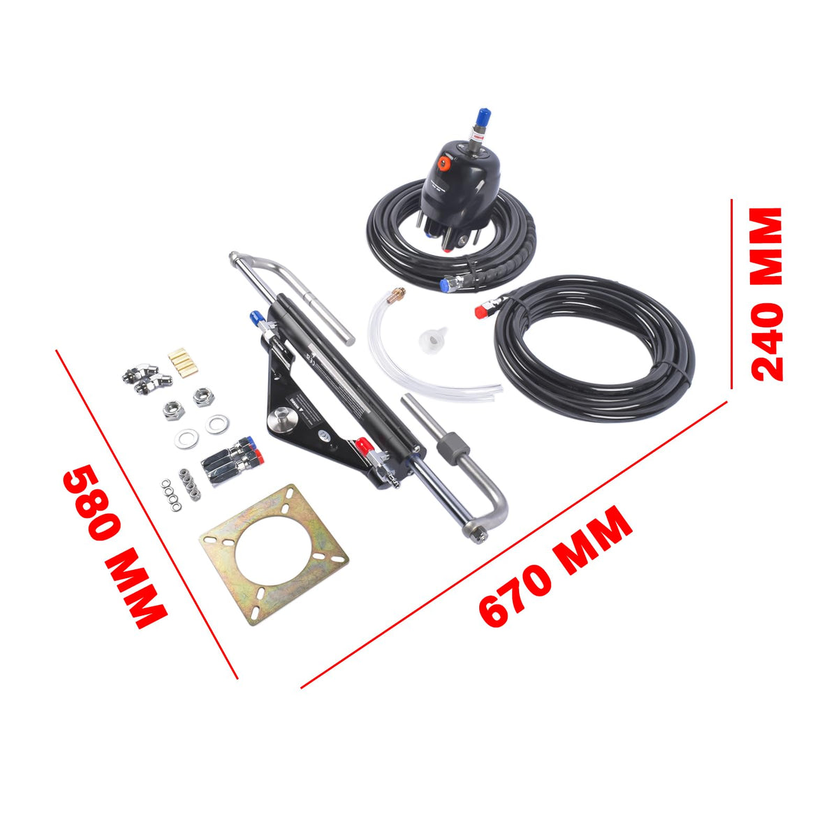 GELUOXI 150HP Marine Outboard Hydraulic Steering Kit with Dual-Lock Cylinder, High-Pressure Pump (6.9mpa/1000psi), 2X 20ft Durable Nylon Hose (5/16") for Single-Engine Boats