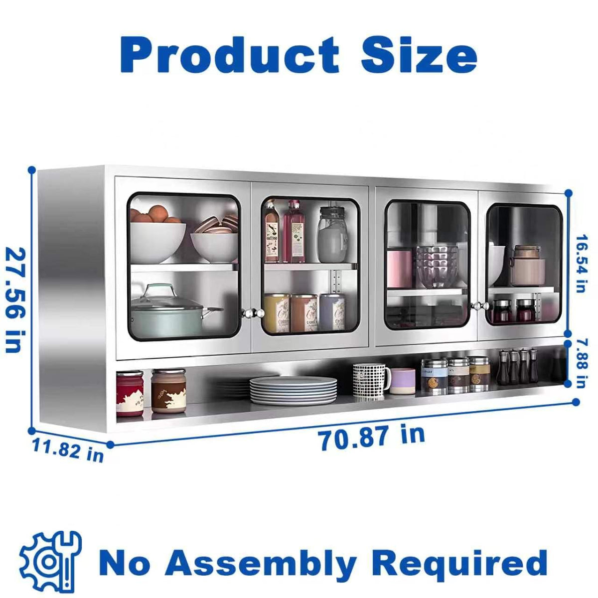 ZZV Kitchen Wall Cabinet, Stainless Steel Wall Mounted Cabinet with Adjustable Shelves, Industrial Wall Storage Cabinet for Garage, Warehouse, No Assembly Required, 11.82D x 70.87W x 27.56H in