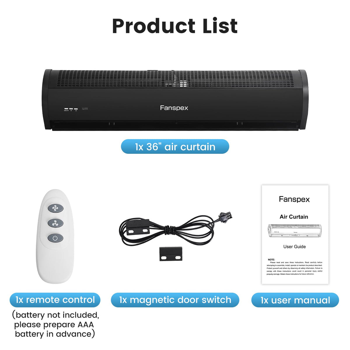 Fanspex 36" Wall Mounted Air Curtain, 2-Speed Commercial Over Door Fan for Home Garage Shop Restaurant, 120W Low Consumption with Magnetic Door Switch (Black)